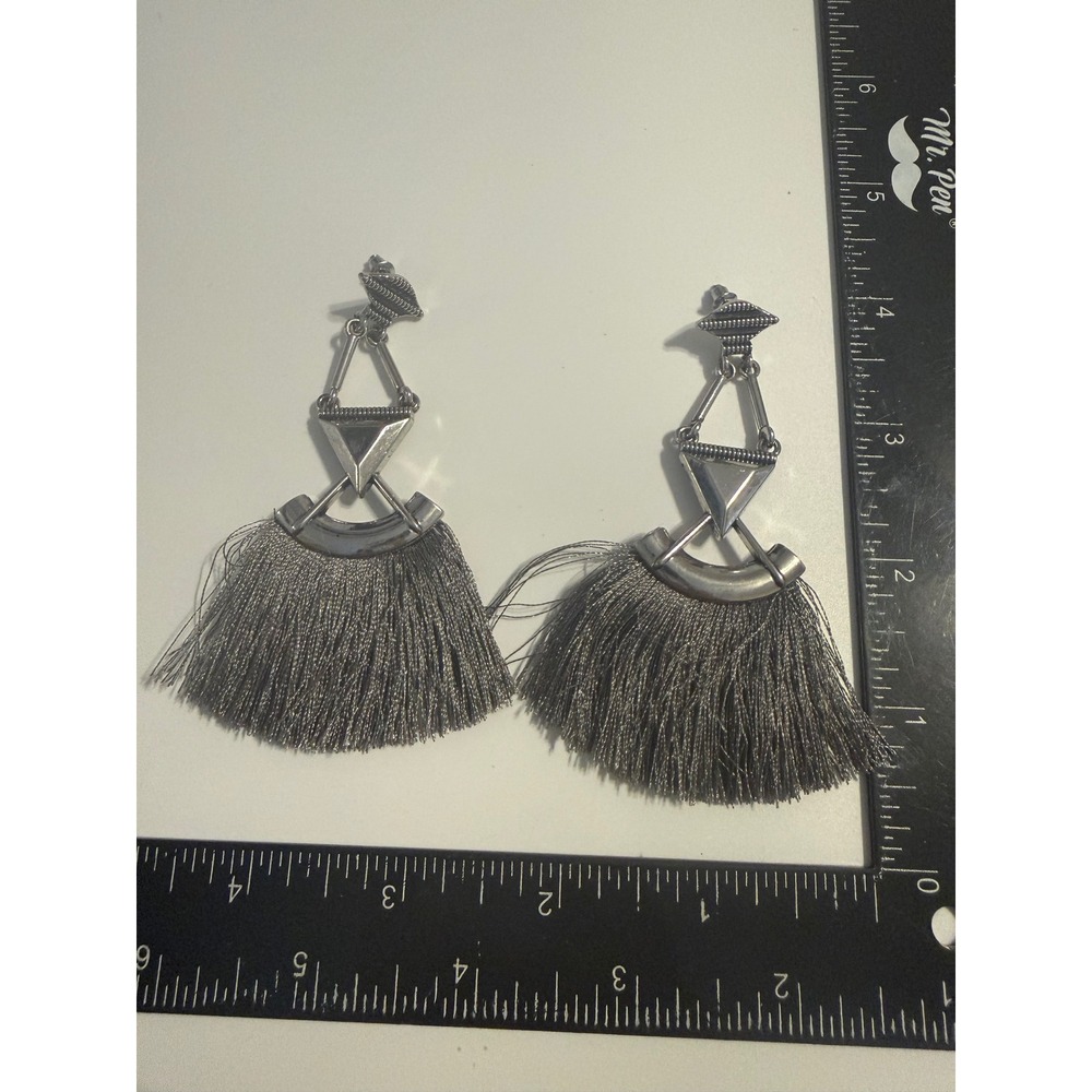 Silverโ Tone Geometric Triangle Metallic Grey Thread Tassel Statement Earrings